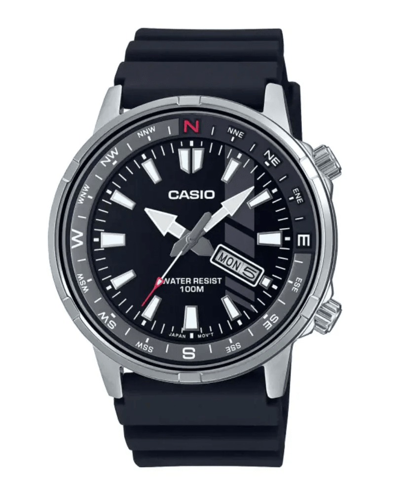 MTD-130-1AVDF Casio Black Dial Steel Case Silicon Strap Analog Quartz Men's Watch. - Timecheck