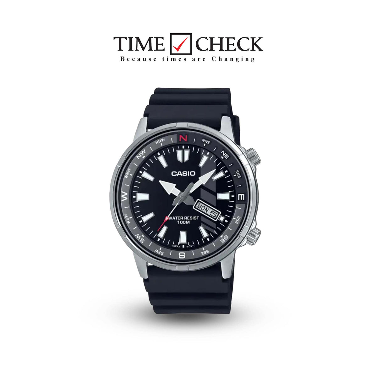 MTD-130-1AVDF Casio Black Dial Steel Case Silicon Strap Analog Quartz Men's Watch. - Timecheck