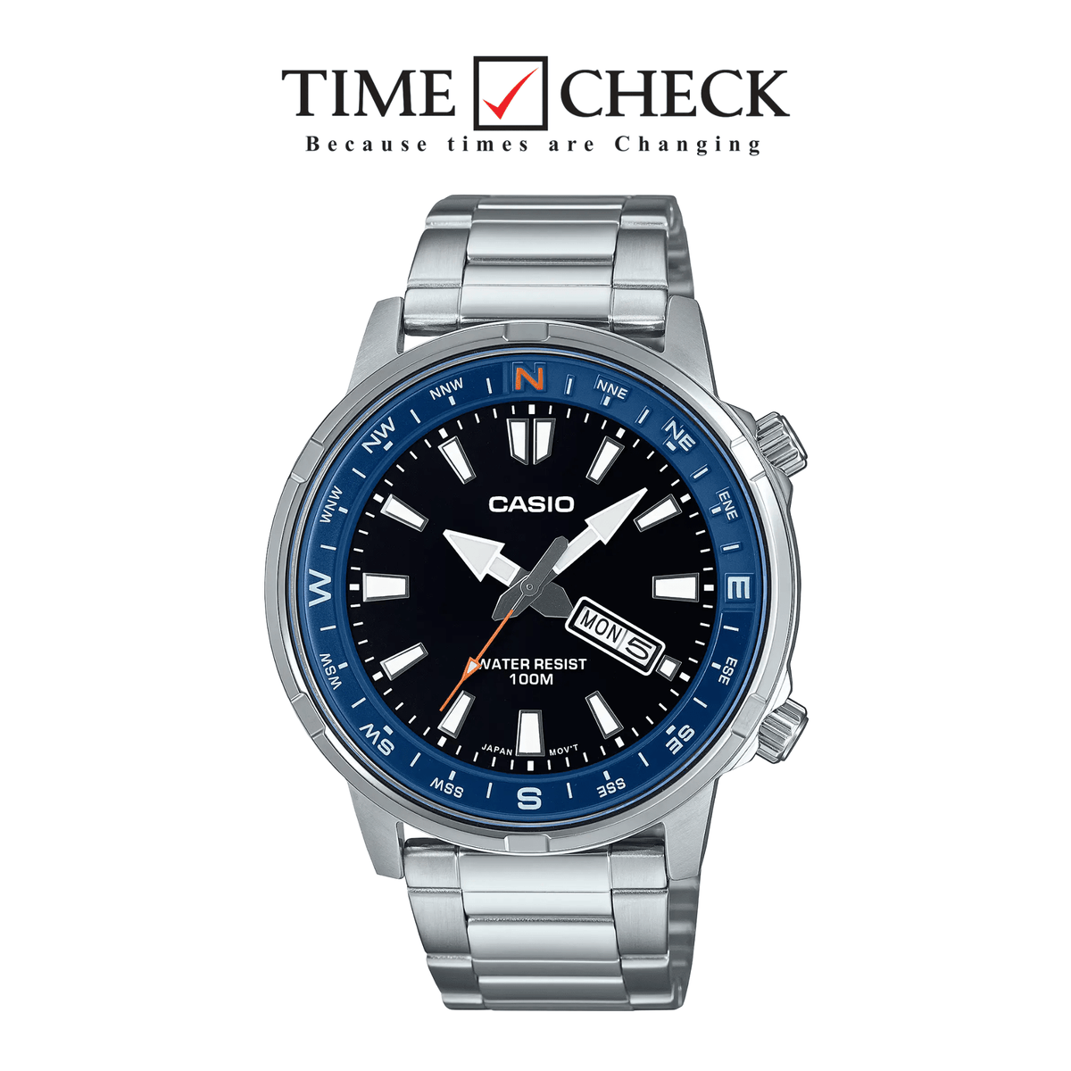 MTD-130D-1A2 Casio Black Dial Silver Stainless Steel Chain Analog Quartz Men's Watch. - Timecheck