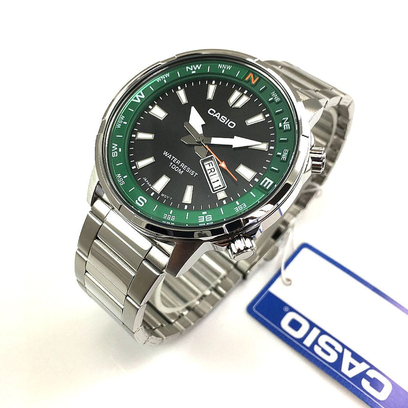 MTD-130D-1A3VDF Casio Green Black Dial Silver Stainless Steel Chain Analog Quartz Men's Watch - Timecheck