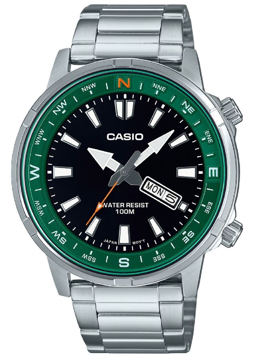 MTD-130D-1A3VDF Casio Green Black Dial Silver Stainless Steel Chain Analog Quartz Men's Watch - Timecheck