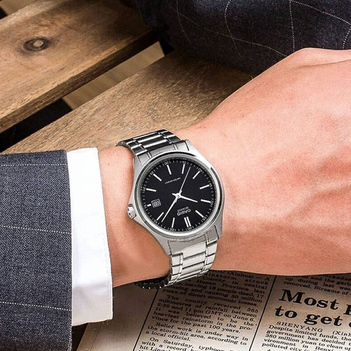 MTP-1183A-1ADF Casio Black Dial Silver Stainless Steel Analog Quartz Men's Watch. - Timecheck