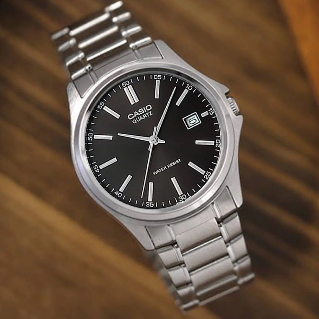 MTP-1183A-1ADF Casio Black Dial Silver Stainless Steel Analog Quartz Men's Watch. - Timecheck