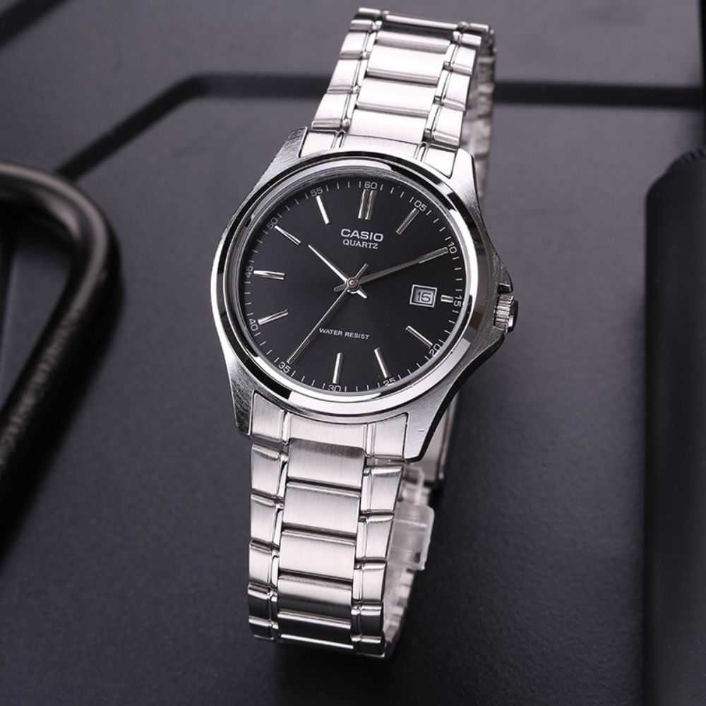 MTP-1183A-1ADF Casio Black Dial Silver Stainless Steel Analog Quartz Men's Watch. - Timecheck