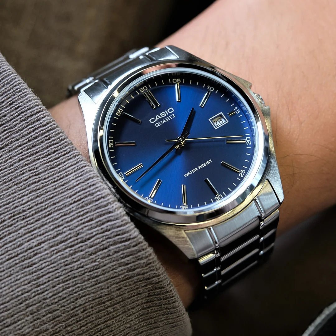 MTP-1183A-2ADF Casio Blue Dial Silver Stainless Steel Chain Analog Quartz Men's Watch. - Timecheck