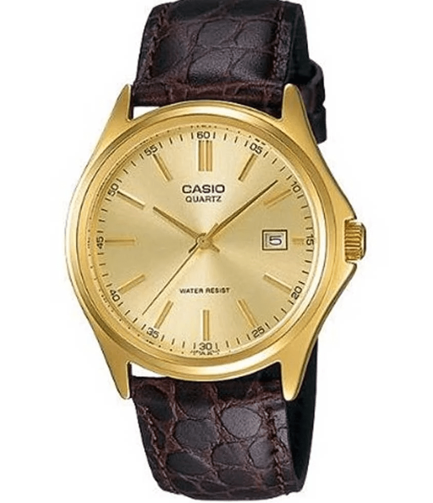 MTP-1183Q-9ADF Gold Dial Brown Leather Strap Steel Gold Case Quartz Men's Watch. - Timecheck