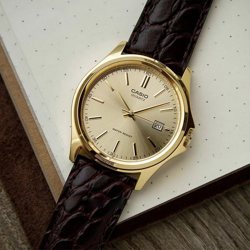 MTP-1183Q-9ADF Gold Dial Brown Leather Strap Steel Gold Case Quartz Men's Watch. - Timecheck