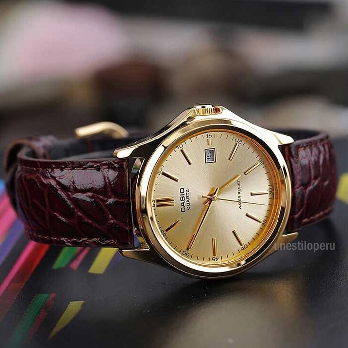 MTP-1183Q-9ADF Gold Dial Brown Leather Strap Steel Gold Case Quartz Men's Watch. - Timecheck