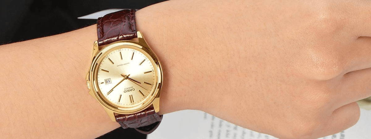 MTP-1183Q-9ADF Gold Dial Brown Leather Strap Steel Gold Case Quartz Men's Watch. - Timecheck