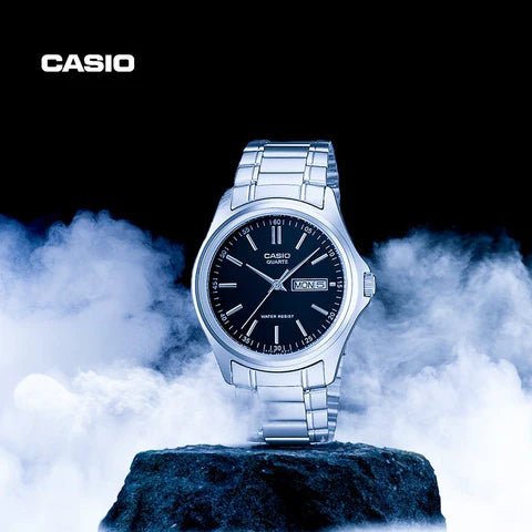 Casio MTP-1239D-1ADF men's watch featuring a sleek black analog dial and durable silver stainless steel bracelet