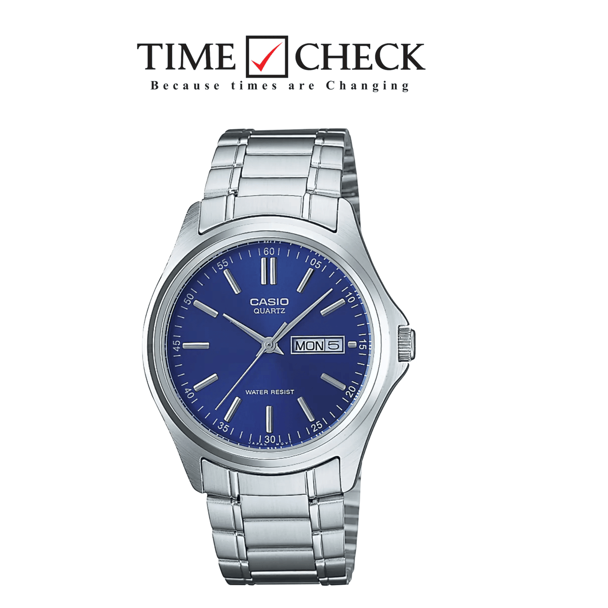 MTP-1239D-2ADF Casio Blue Dial Silver Stainless Steel Analog Quartz Men's Watch. - Timecheck