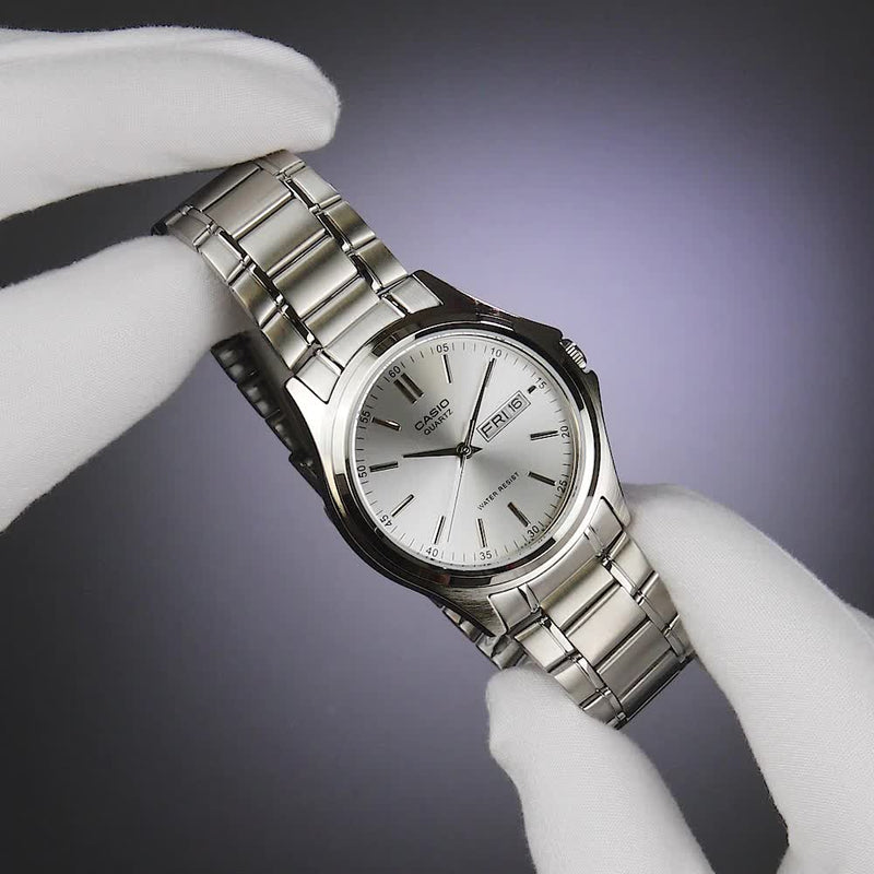 Casio MTP-1239D-7ADF men's analog watch featuring a clean silver dial face and polished silver stainless steel link bracelet