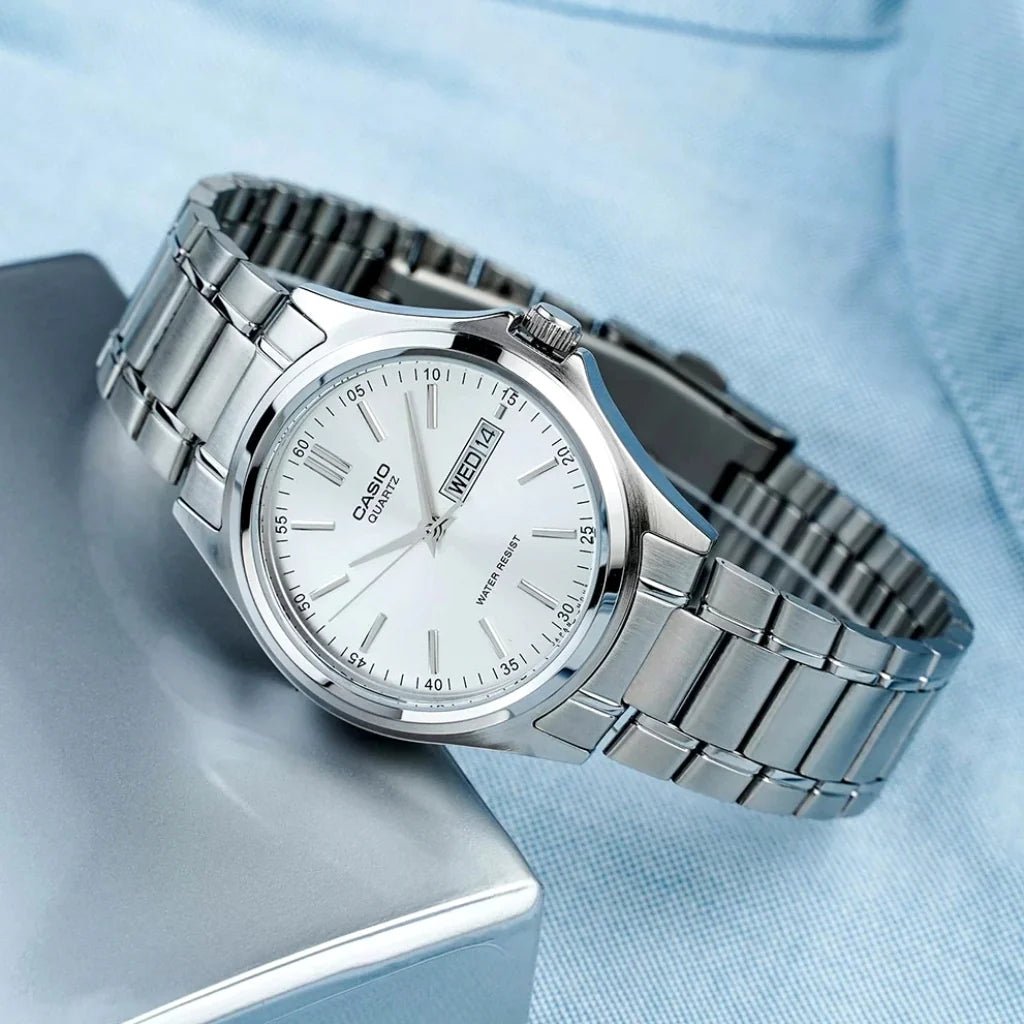 Casio MTP-1239D-7ADF men's analog watch featuring a clean silver dial face and polished silver stainless steel link bracelet