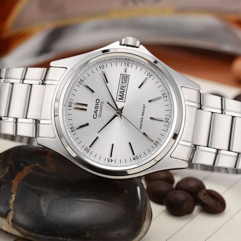 Casio MTP-1239D-7ADF men's analog watch featuring a clean silver dial face and polished silver stainless steel link bracelet