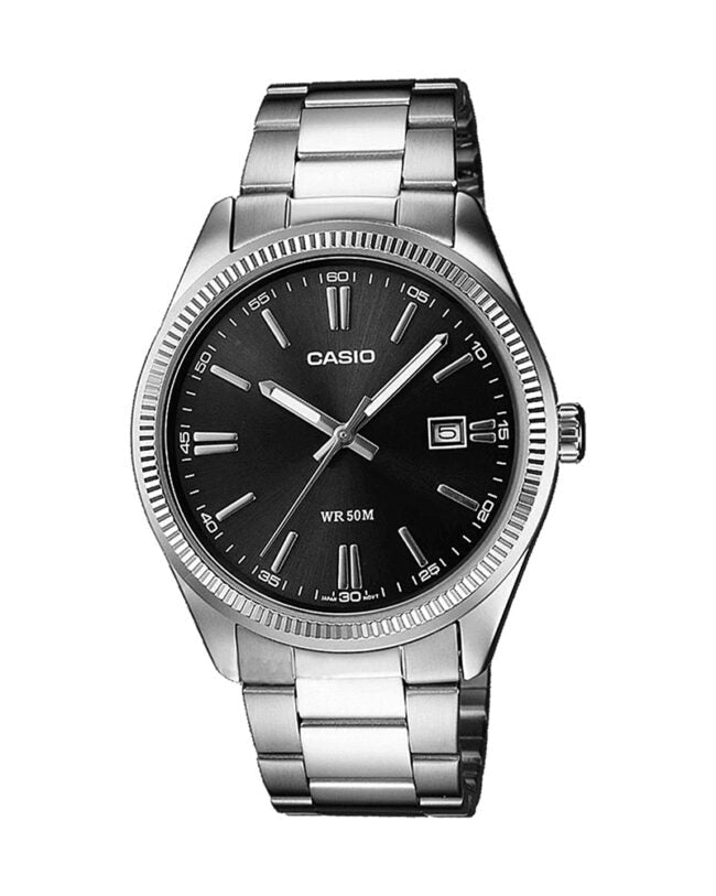 MTP-1302D-1A1VDF Casio Black Dial Stainless Steel Analog Quartz Men's Watch. - Timecheck