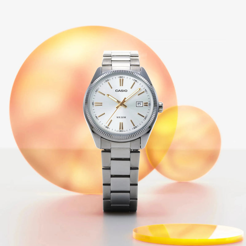 MTP-1302D-7A2VDF Casio White Dial Stainless Steel Analog Quartz Men's Watch. - Timecheck