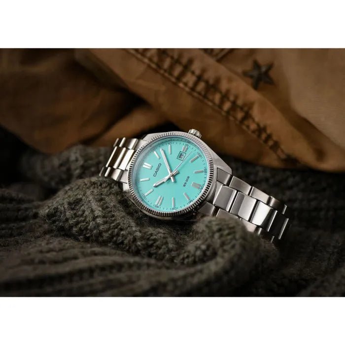 MTP-1302PD-2A2VEF Casio Tiffany Dial Stainless Steel Analog Quartz Men's Watch. - Timecheck