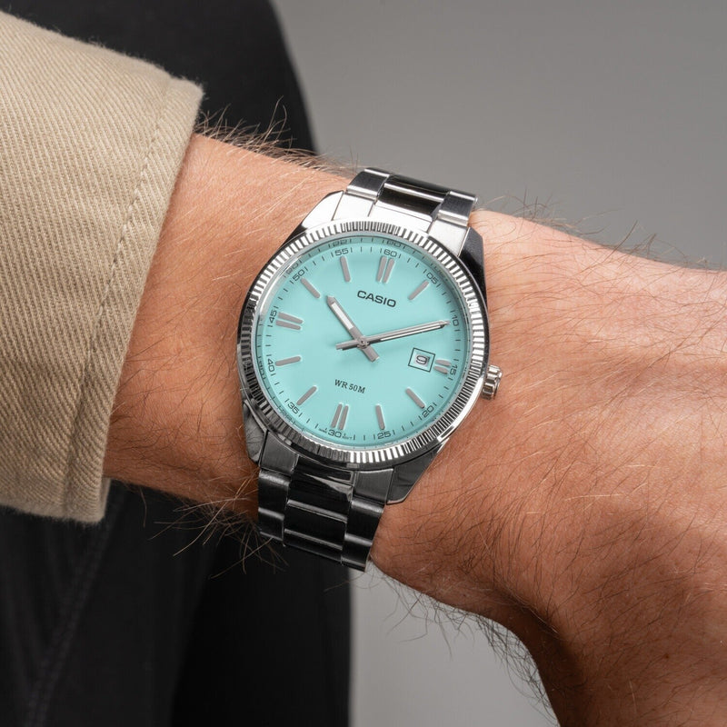 MTP-1302PD-2A2VEF Casio Tiffany Dial Stainless Steel Analog Quartz Men's Watch. - Timecheck