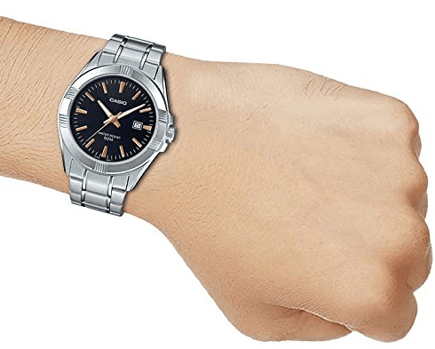 Casio MTP-1308D-1A2VDF Black Dial Gold Accents Grooved Bezel Stainless Steel Band Men's Watch