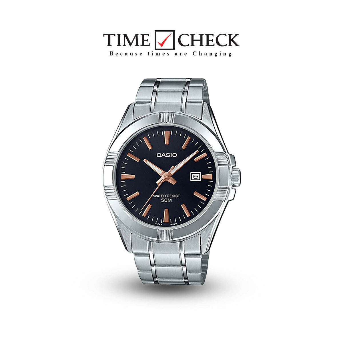 Casio MTP-1308D-1A2VDF Black Dial Gold Accents Grooved Bezel Stainless Steel Band Men's Watch