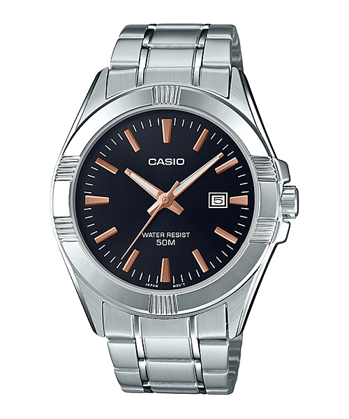 Casio MTP-1308D-1A2VDF Black Dial Gold Accents Grooved Bezel Stainless Steel Band Men's Watch