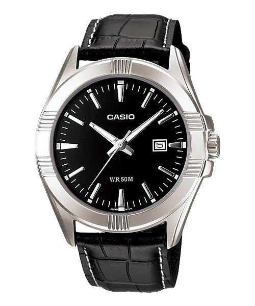 MTP-1308L-1A2VDF Casio Black Dial Black Leather Strap Analog Quartz Men's Watch. - Timecheck