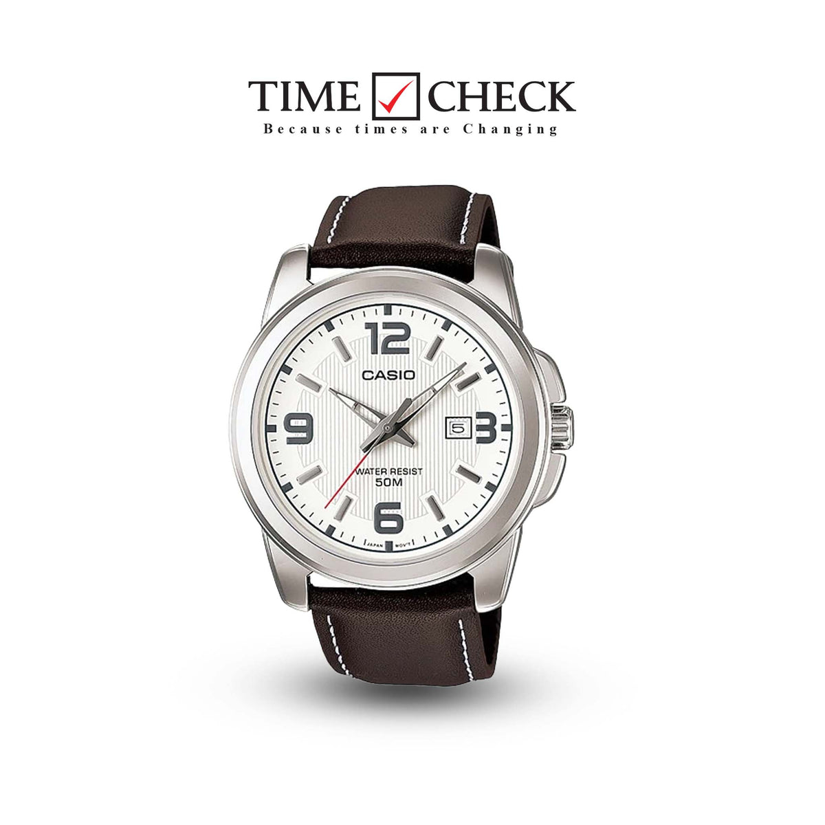 MTP-1314L-7AVDF Casio White Dial Steel Case Brown Leather Strap Analog Men's Watch. - Timecheck