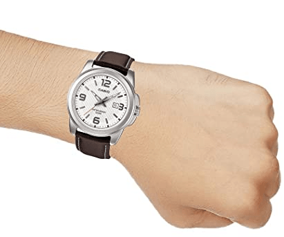 MTP-1314L-7AVDF Casio White Dial Steel Case Brown Leather Strap Analog Men's Watch. - Timecheck