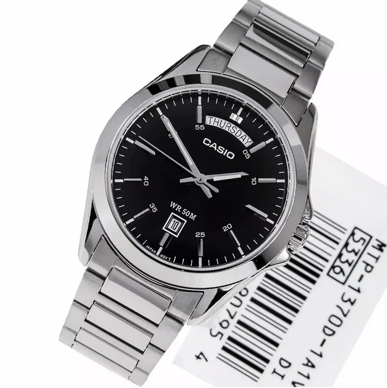 MTP-1370D-1A1VDF Black Dial Stainless Steel Analog Quartz Men's Watch. - Timecheck