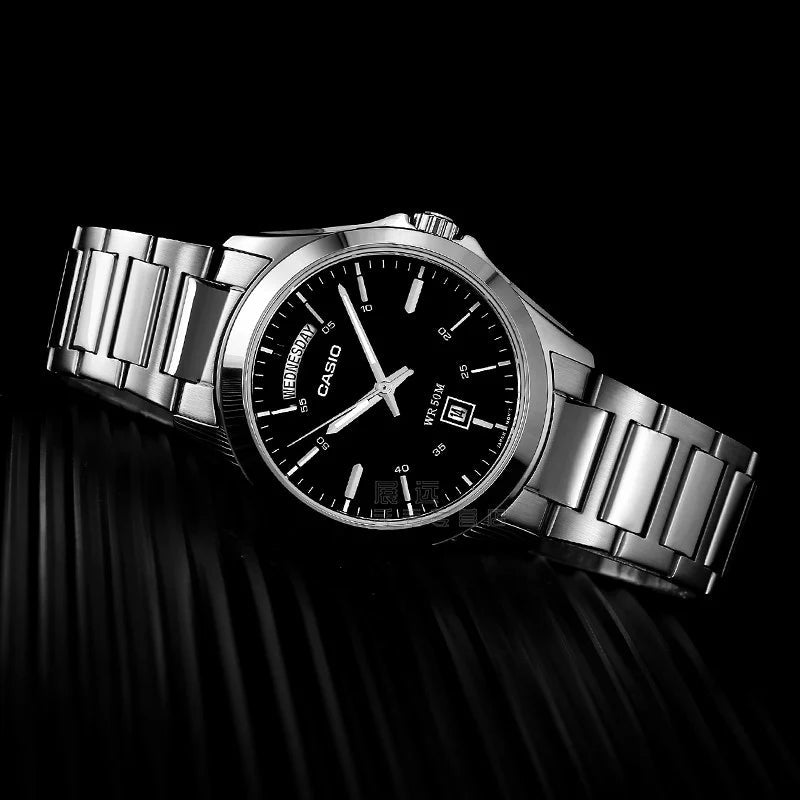 Casio MTP-1370D-1A1VDF men's watch featuring a sleek black analog dial and polished stainless steel link bracelet