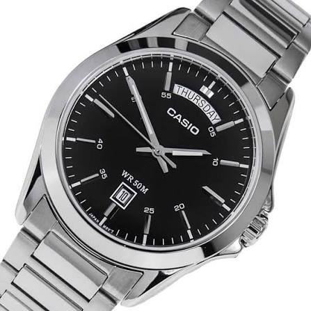 Casio MTP-1370D-1A1VDF men's watch featuring a sleek black analog dial and polished stainless steel link bracelet