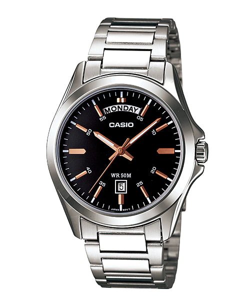 MTP-1370D-1A2VDF Black Dial Stainless Steel Analog Quartz Men's Watch. - Timecheck