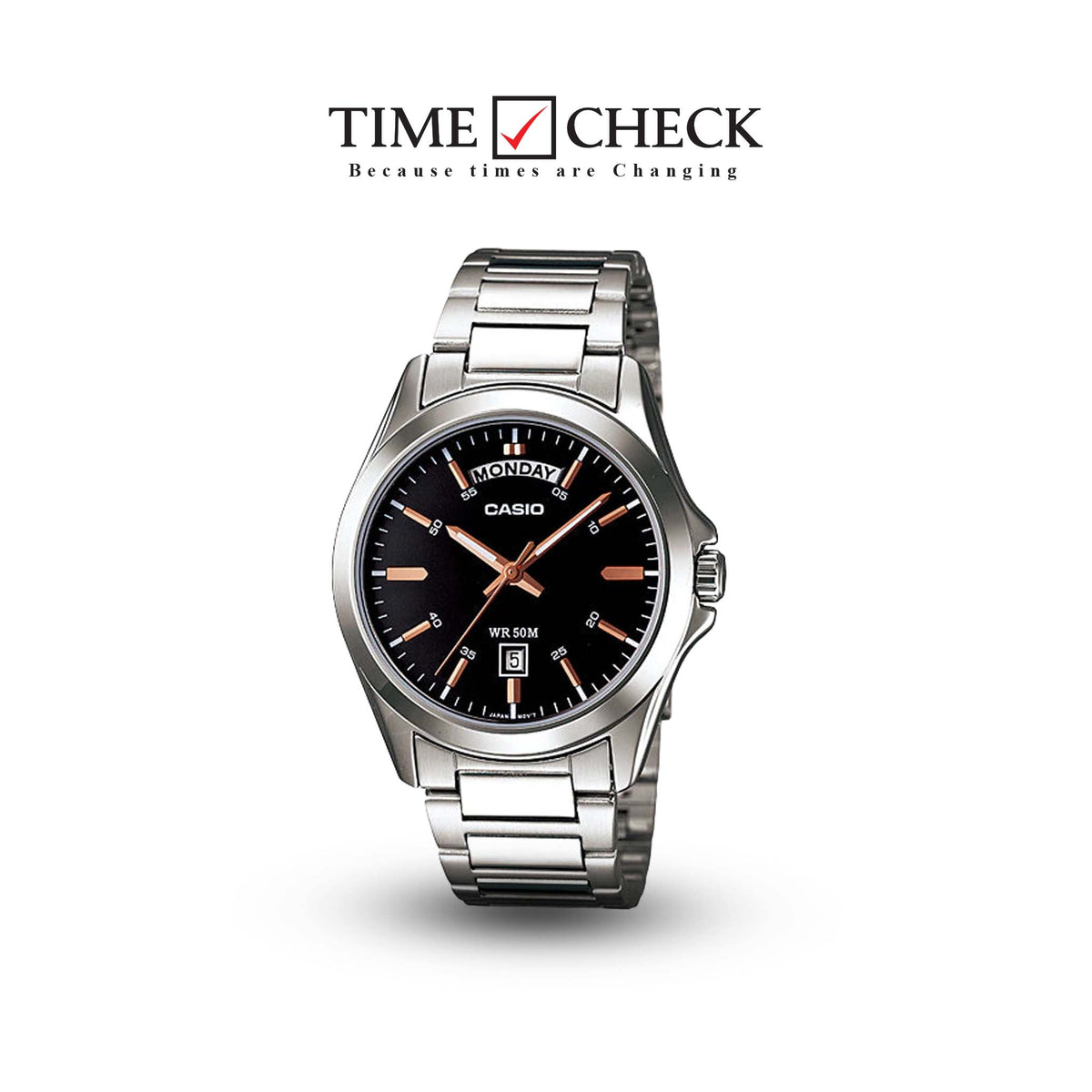 MTP-1370D-1A2VDF Black Dial Stainless Steel Analog Quartz Men's Watch. - Timecheck