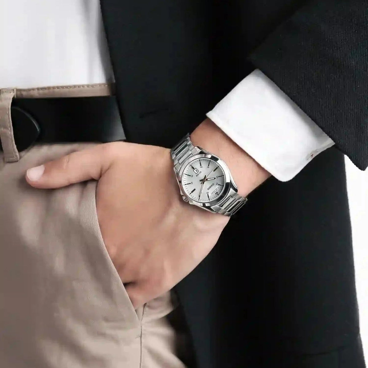 MTP-1370D-7A3VDF Casio White Dial Silver Stainless Steel Analog Quartz Men's Watch. - Timecheck