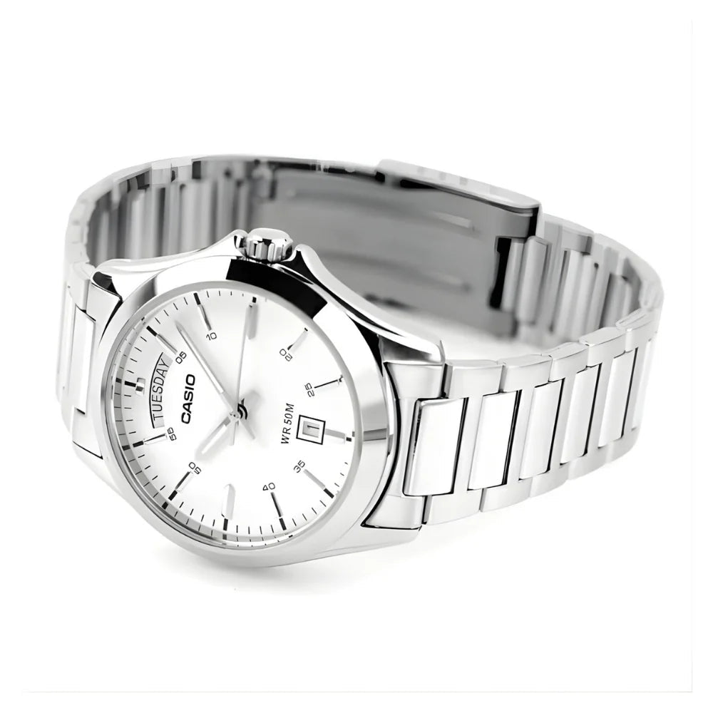 MTP-1370D-7A3VDF Casio White Dial Silver Stainless Steel Analog Quartz Men's Watch. - Timecheck