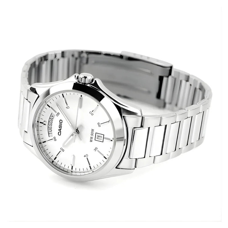MTP-1370D-7A3VDF Casio White Dial Silver Stainless Steel Analog Quartz Men's Watch. - Timecheck