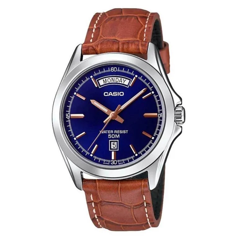 MTP-1370L-2AVDF Casio Blue Dial Brown Leather Strap Analog Quartz Men's Watch. - Timecheck