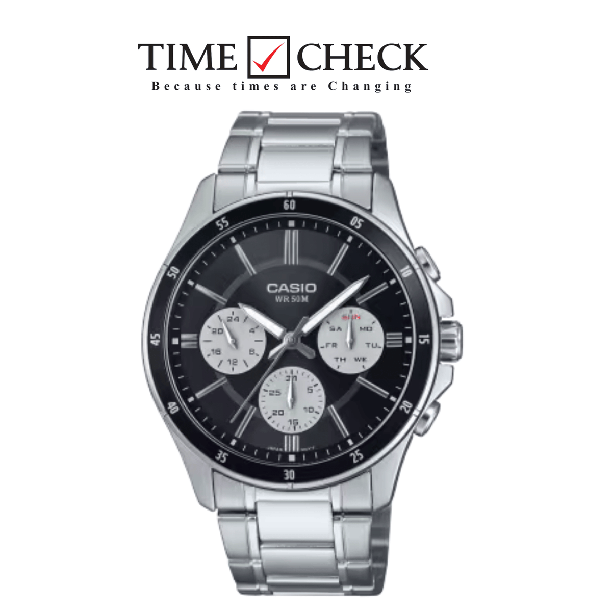 MTP-1374D-1A3VDF Casio Black Dial Silver Stain Less Steel Chain Analog Quartz Men's Watch - Timecheck