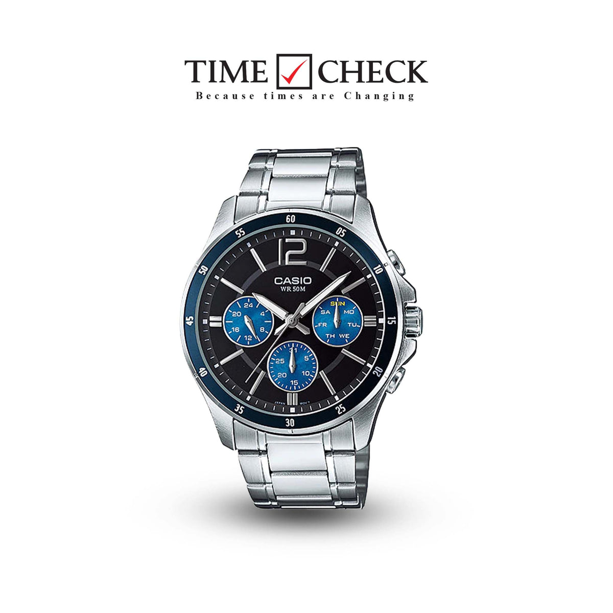 MTP-1374D-2AVDF Casio Blue Dial Stainless Steel Chain Multi Function Analog Men's Watch. - Timecheck