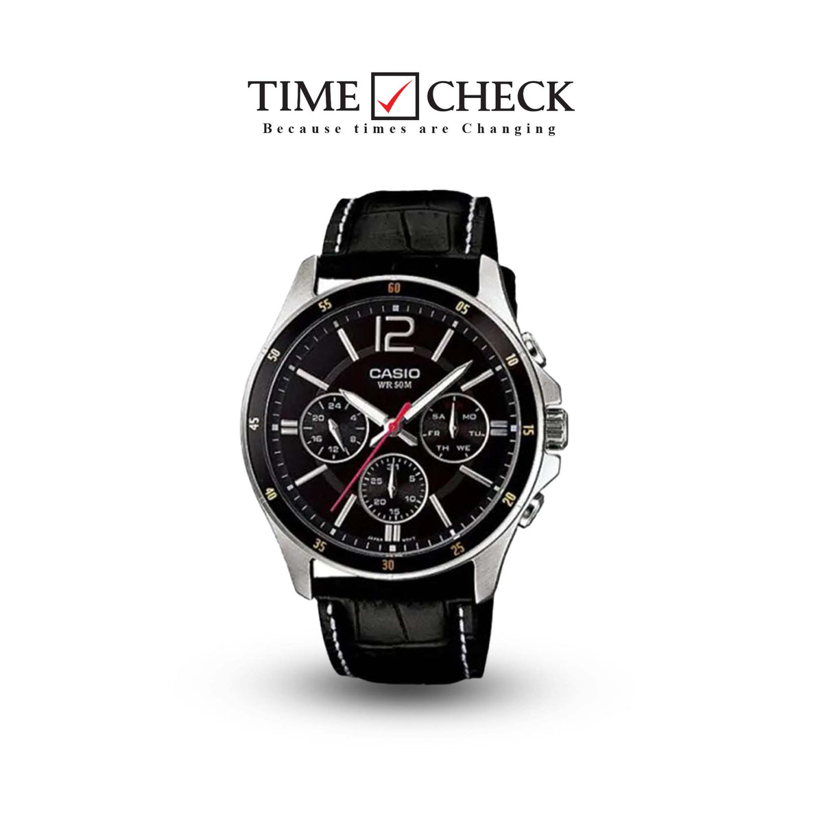 MTP-1374L-1AVDF Casio Black Dial Multi function 3 Dial Display Analog Quartz Men's Watch. - Timecheck