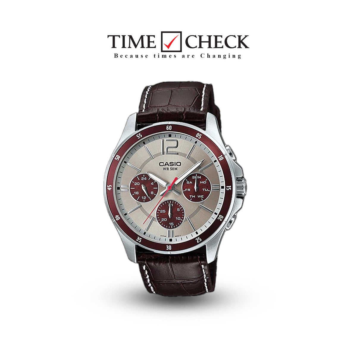 MTP-1374l-7A1VDF Casio Silver Dial Leather Strap Analog Quartz Men's Watch. - Timecheck