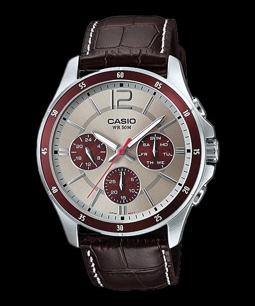 MTP-1374l-7A1VDF Casio Coffee Dial Leather Strap Analog Quartz Men's Watch. - Timecheck