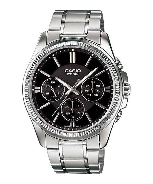 MTP-1375D-1AVDF Casio Black Dial 3 Dial Display Stainless Steel Analog Men's Watch. - Timecheck