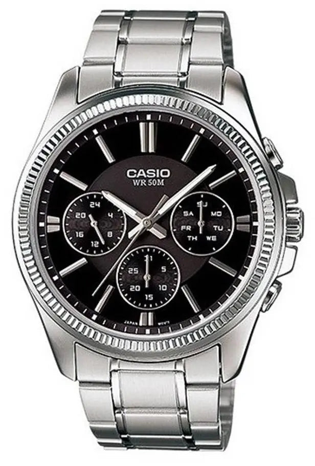 MTP-1375D-1AVDF Casio Black Dial 3 Dial Display Stainless Steel Analog Men's Watch. - Timecheck
