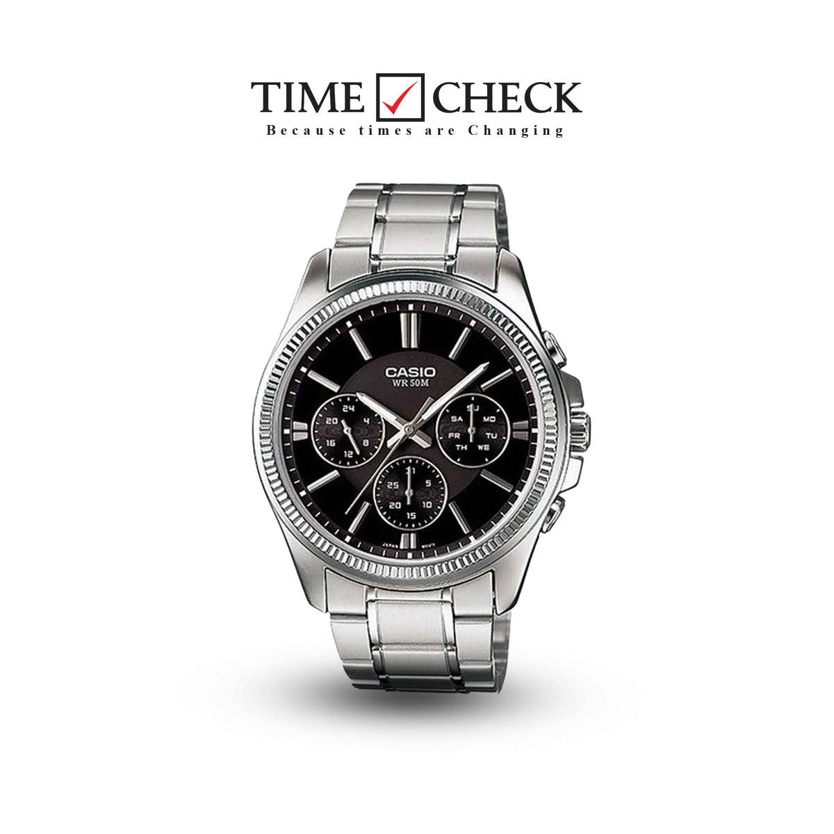 MTP-1375D-1AVDF Casio Black Dial 3 Dial Display Stainless Steel Analog Men's Watch. - Timecheck