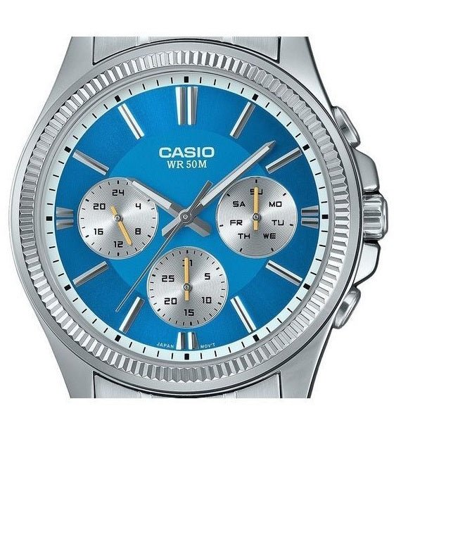 MTP-1375D-2A2VDF Casio Black Dial 3 Dial Display Stainless Steel Analog Men's Watch. - Timecheck