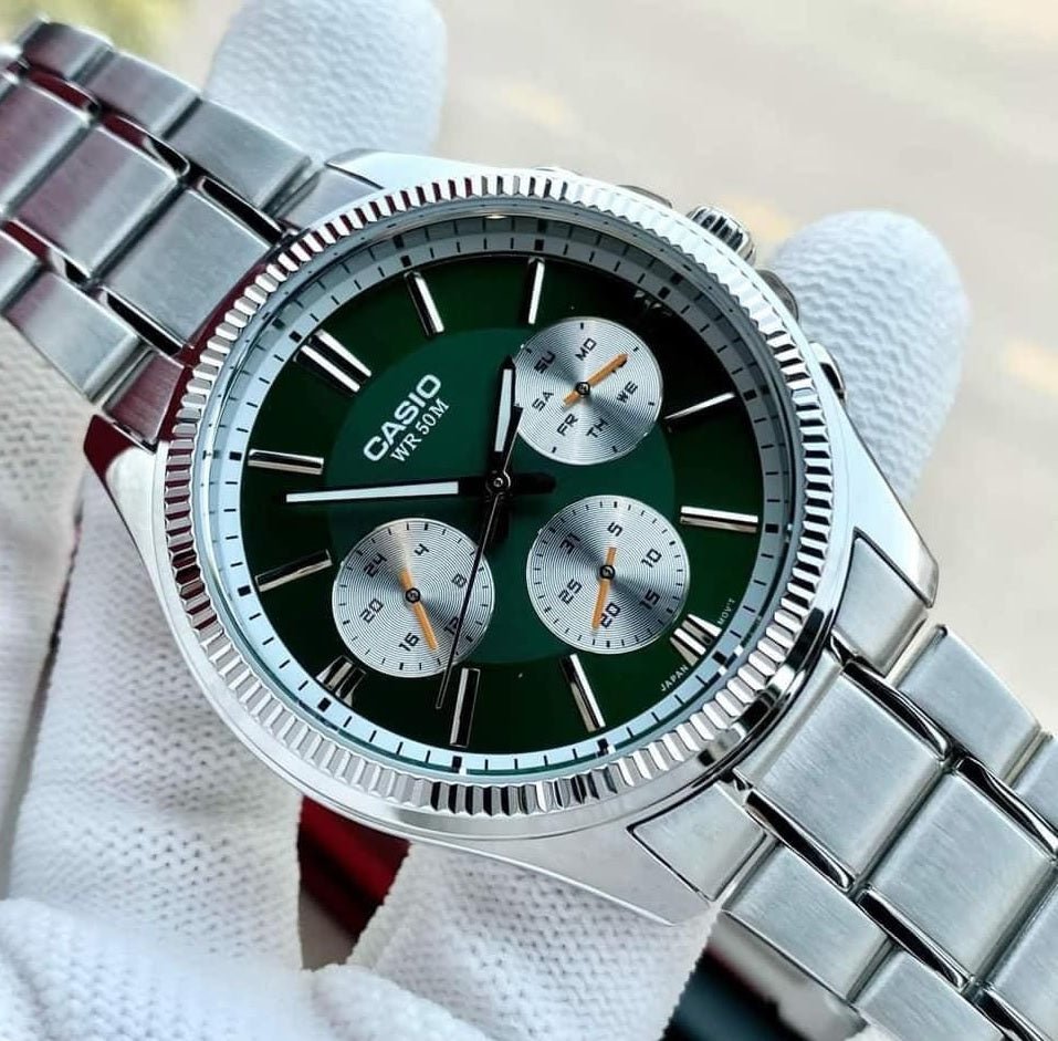 MTP-1375D-3AVDF Casio GREEN Dial 3 Dial Display Stainless Steel Analog Men's Watch. - Timecheck
