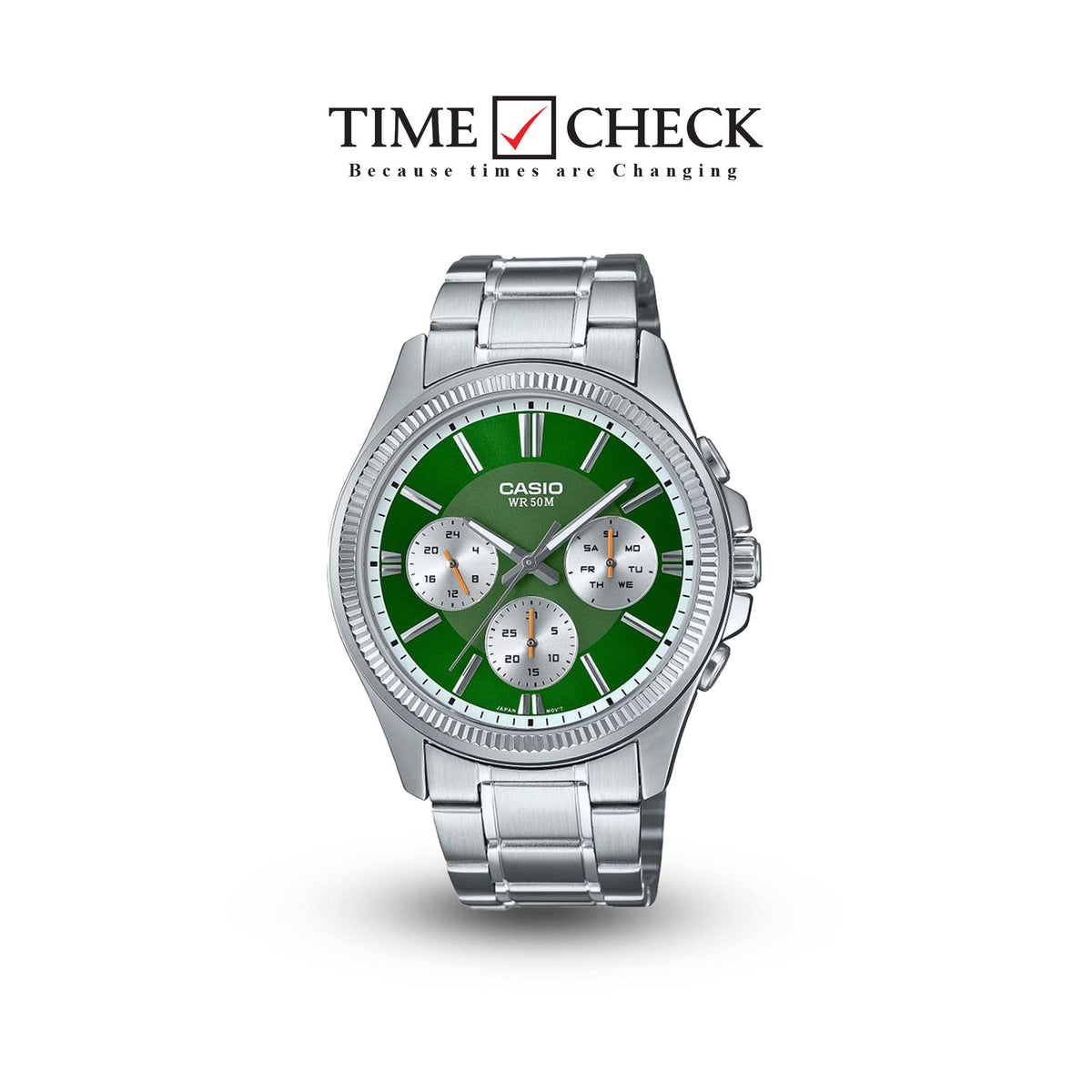 MTP-1375D-3AVDF Casio GREEN Dial 3 Dial Display Stainless Steel Analog Men's Watch. - Timecheck