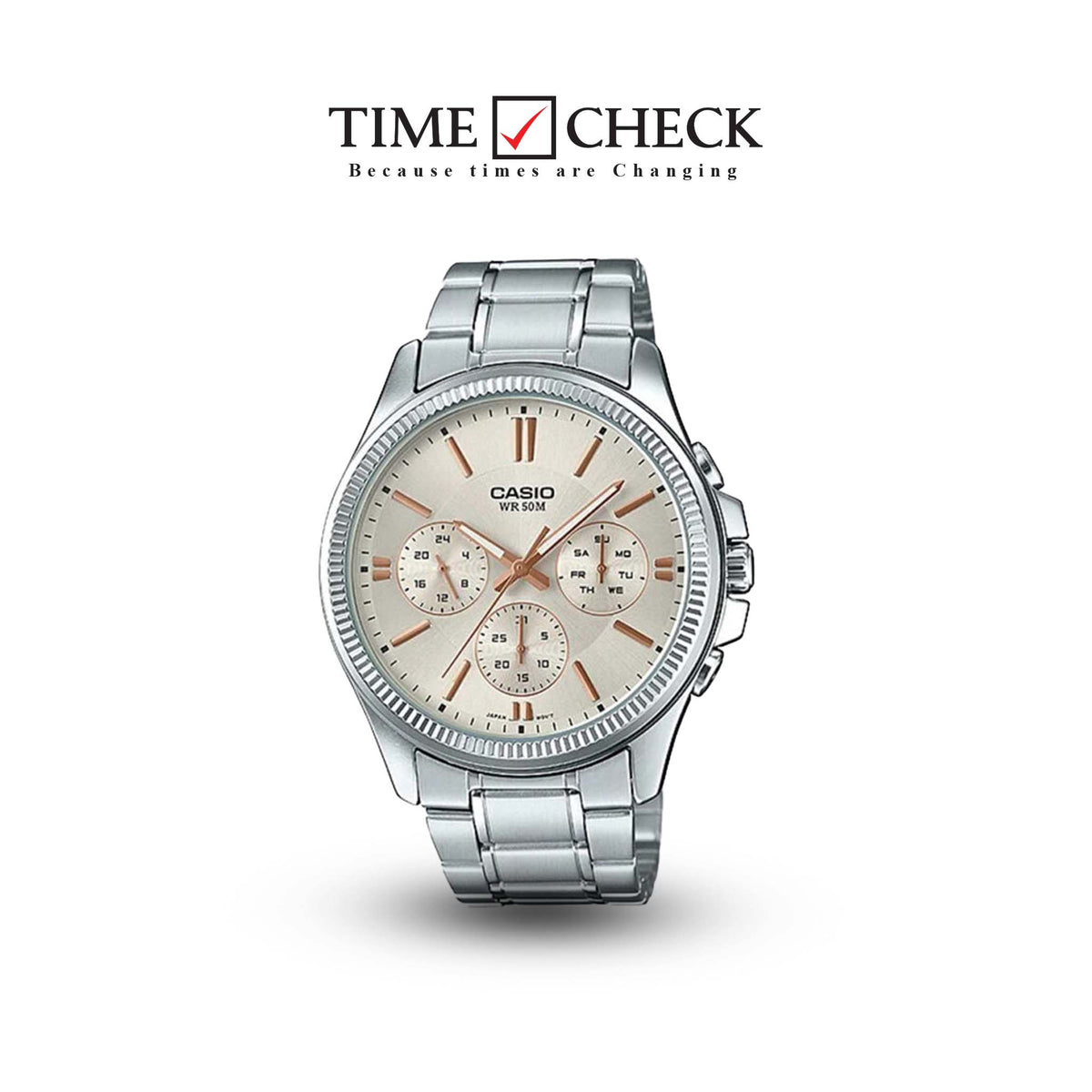 MTP-1375D-7A2VDF Casio Cream Dial Stainless Steel 3 Dial Display Analog Men's Watch. - Timecheck