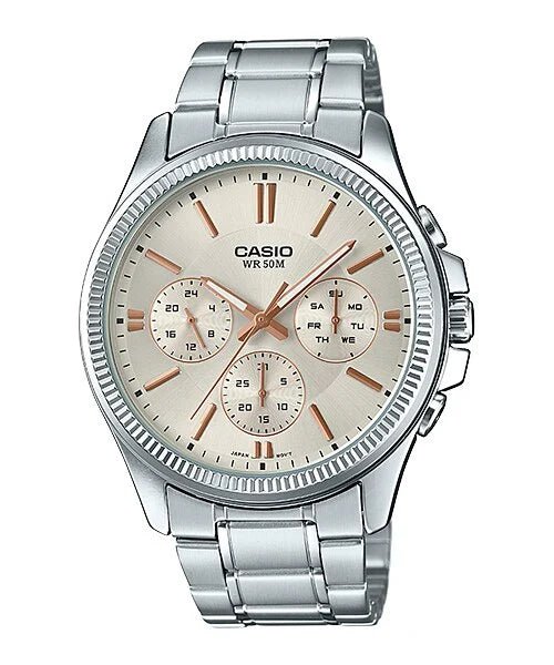 MTP-1375D-7A2VDF Casio Cream Dial Stainless Steel 3 Dial Display Analog Men's Watch. - Timecheck